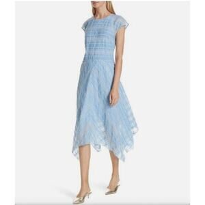 Lewit $368 Sheer Check Handkerchief Hem Midi Dress Blue